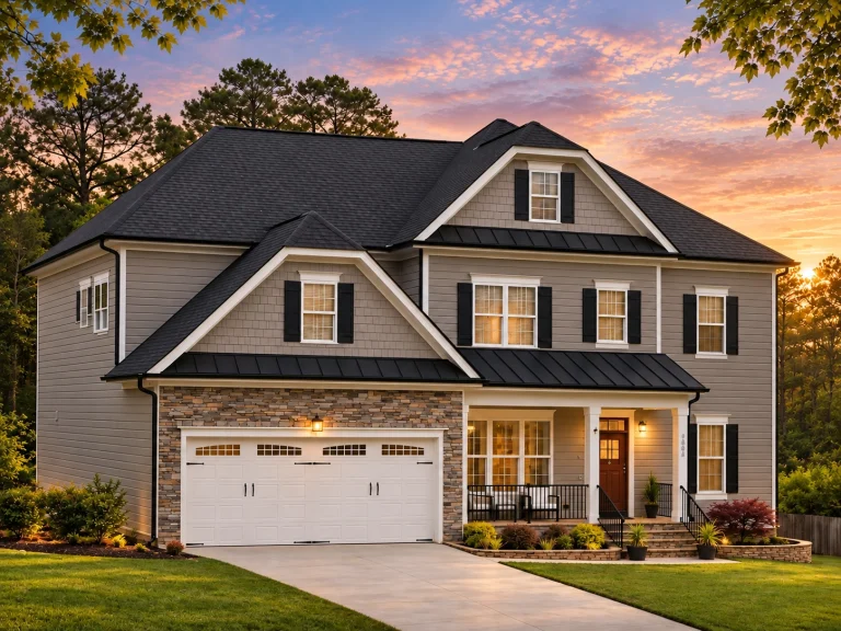 Top Designer-Approved House Plans 14 Front elevation of a Traditional Colonial style home featuring horizontal siding, shingle accents, symmetrical windows, and a covered entry porch