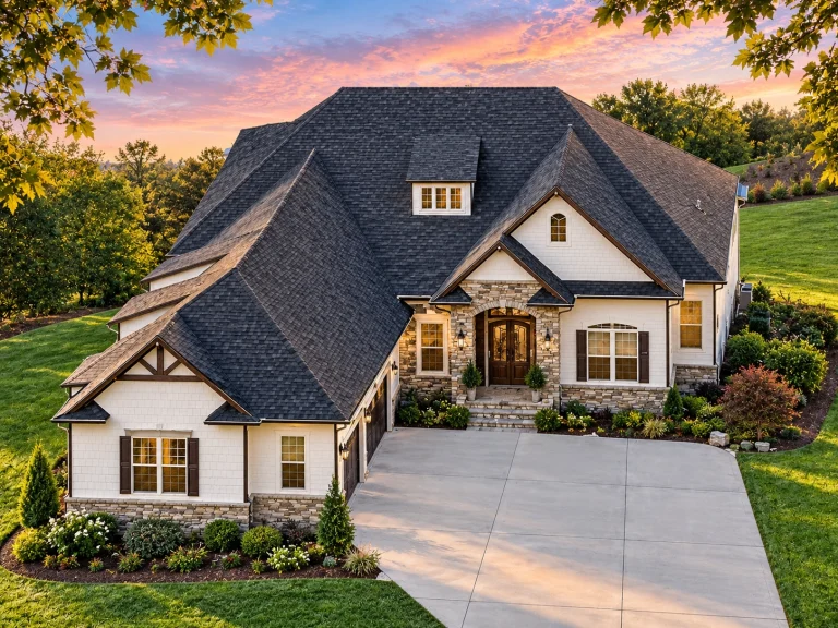Modern Suburban House Plans 7 Front exterior of French Country style home with stone and stucco facade, steep hip roof, arched entry, and side-entry garage