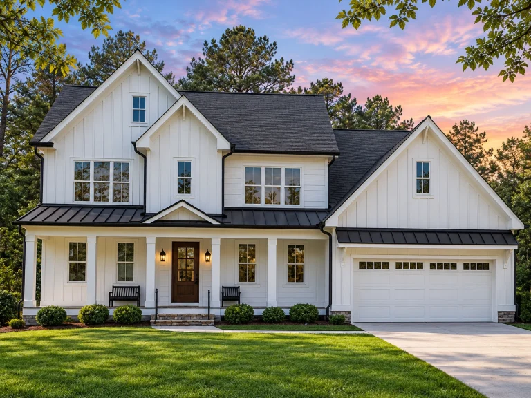 Front elevation of a Modern Farmhouse style home featuring board and batten siding, metal porch roof, symmetrical windows, and an attached garage