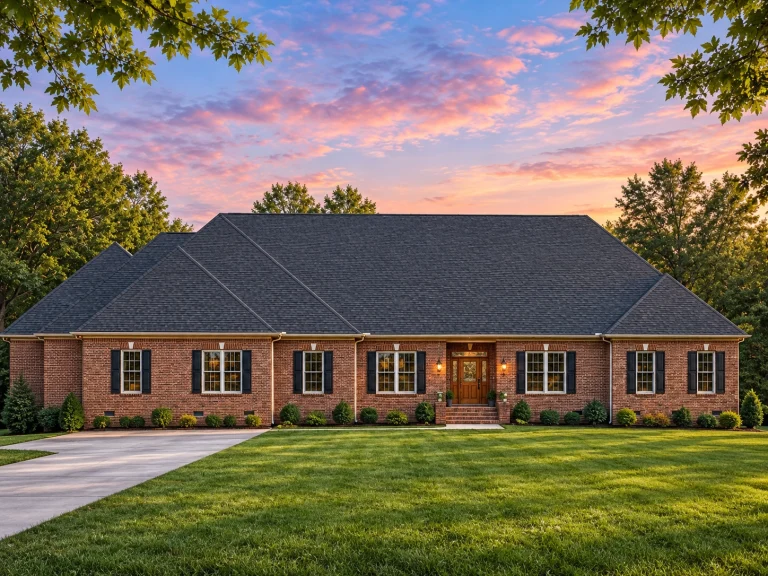 Front view of a Modern Farmhouse Ranch style home featuring white board and batten siding, black shutters, and a stone wainscot base for timeless curb appeal