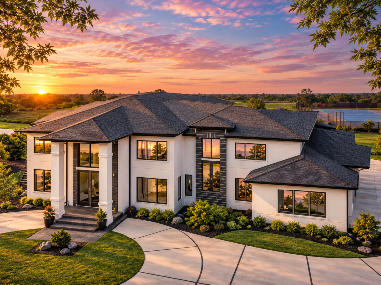 Front elevation of transitional suburban home with smooth stucco exterior, tall columns, hipped roof, and modern traditional design