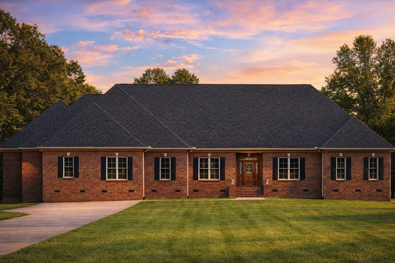 Front view of a Modern Farmhouse Ranch style home featuring white board and batten siding, black shutters, and a stone wainscot base for timeless curb appeal