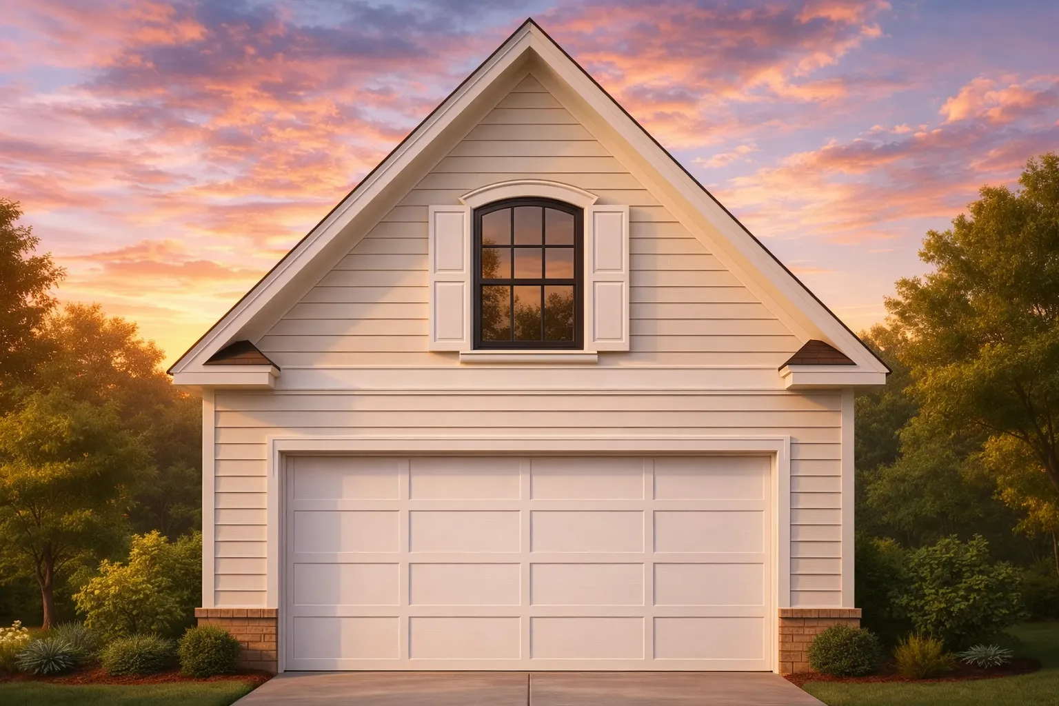 Front elevation of a Carriage House garage apartment featuring horizontal siding, black garage door, gable roof, and upper dormer window
