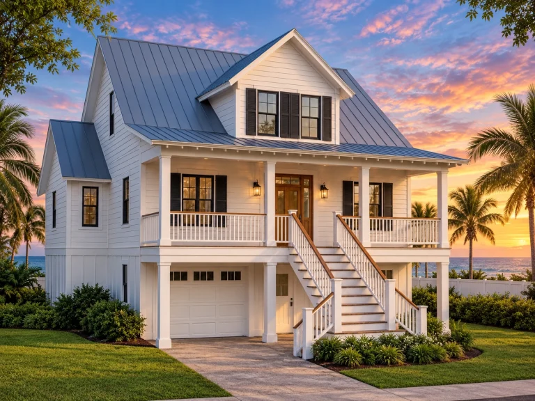 House Plans with Elevator 24 Front view of an elevated coastal beach house featuring horizontal siding, double front porches, and classic Low Country architecture near the ocean.