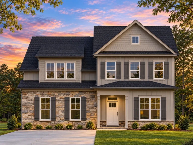 Front elevation of a Traditional Colonial style two-story house featuring horizontal siding, stone accents, board-and-batten gables, and a welcoming covered entry.