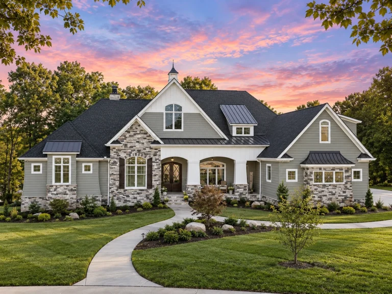 Front elevation of a New American style home with Traditional Craftsman details, stone accents, horizontal siding, and a welcoming covered porch