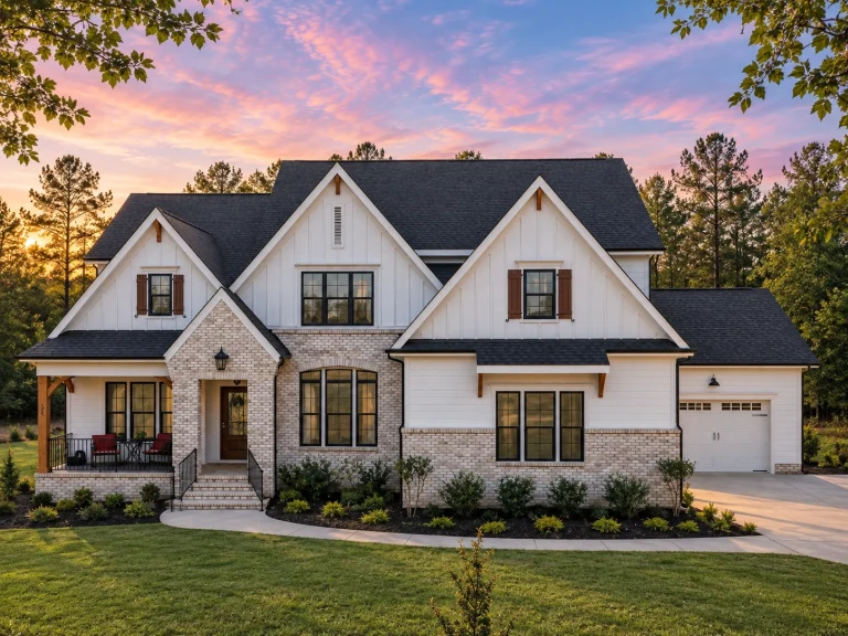 Front exterior of a New American Modern Traditional house with painted brick, board and batten siding, steep gables, and warm sunset lighting