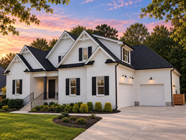 Front elevation of a New American Modern Traditional house featuring painted brick, board and batten accents, symmetrical gables, and a covered front porch