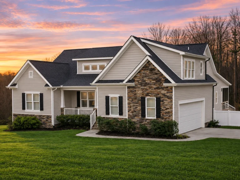 Conventional House Plans 2 Front view of a Modern Farmhouse style home featuring board and batten siding, stone base accents, dark shutters, and a welcoming covered porch entry