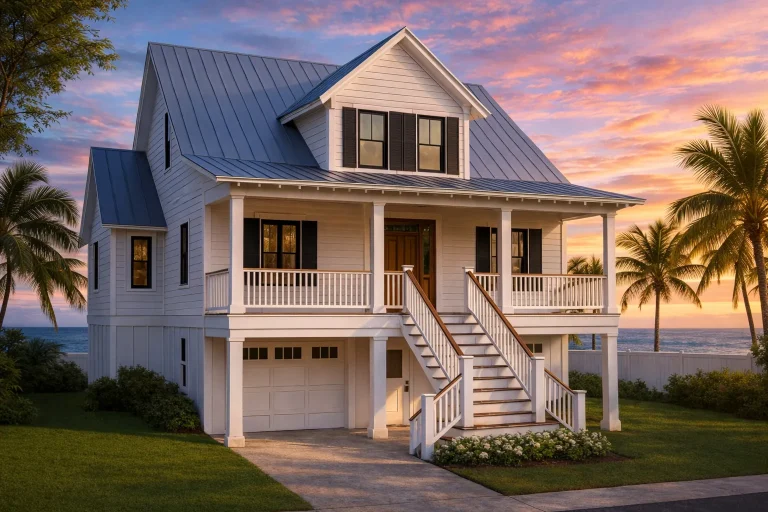 Front view of an elevated coastal beach house featuring horizontal siding, double front porches, and classic Low Country architecture near the ocean.