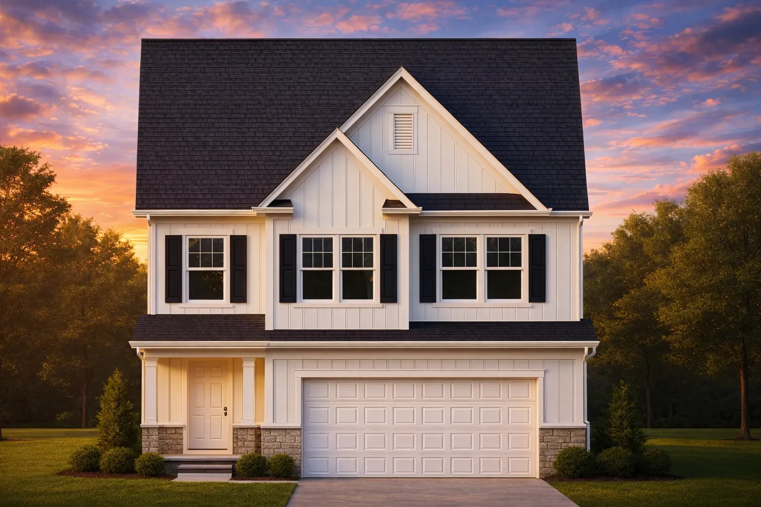Adobe House Plans 13 Front elevation of a Traditional Colonial style home featuring stone and horizontal siding, black shutters, and a double garage