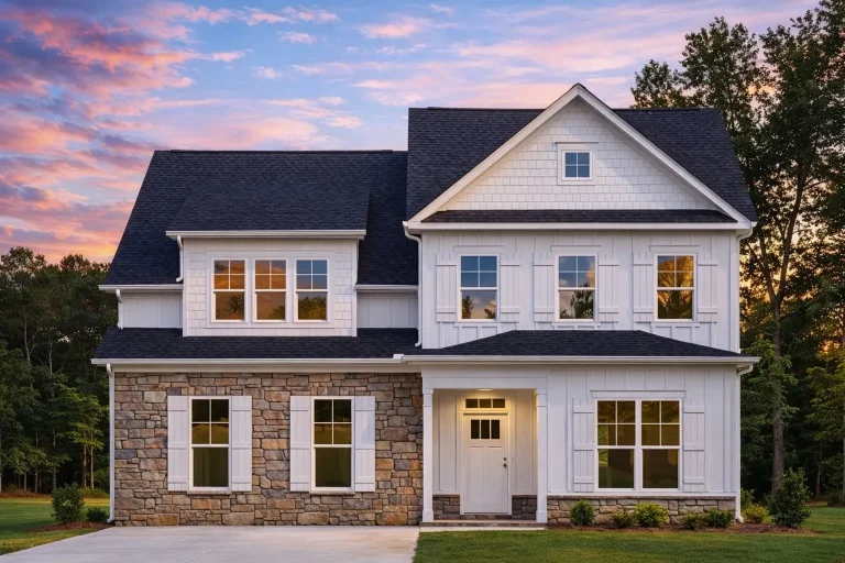 Front elevation of a Traditional Colonial style two-story house featuring horizontal siding, stone accents, board-and-batten gables, and a welcoming covered entry.