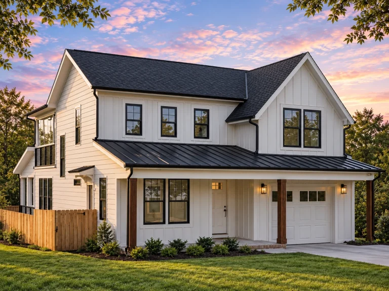 Mid-Size House Plans 19 Front view of a modern farmhouse featuring board and batten siding, metal roof, wood porch columns, and a single-car garage