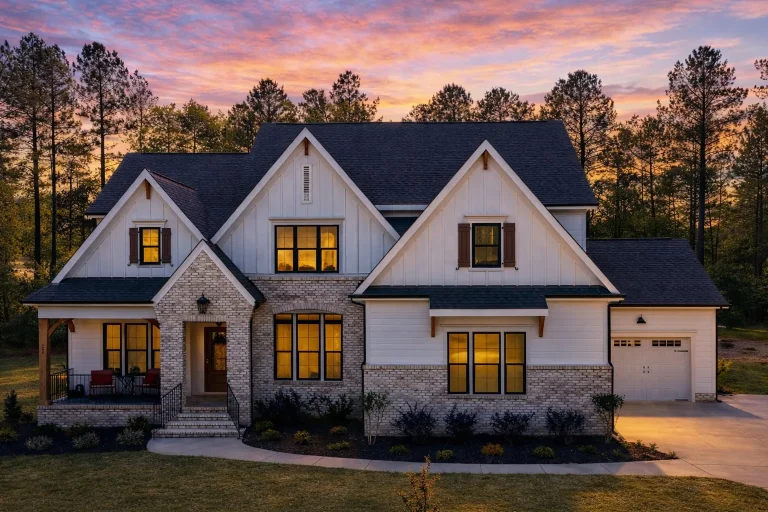 Front exterior of a New American Modern Traditional house with painted brick, board and batten siding, steep gables, and warm sunset lighting