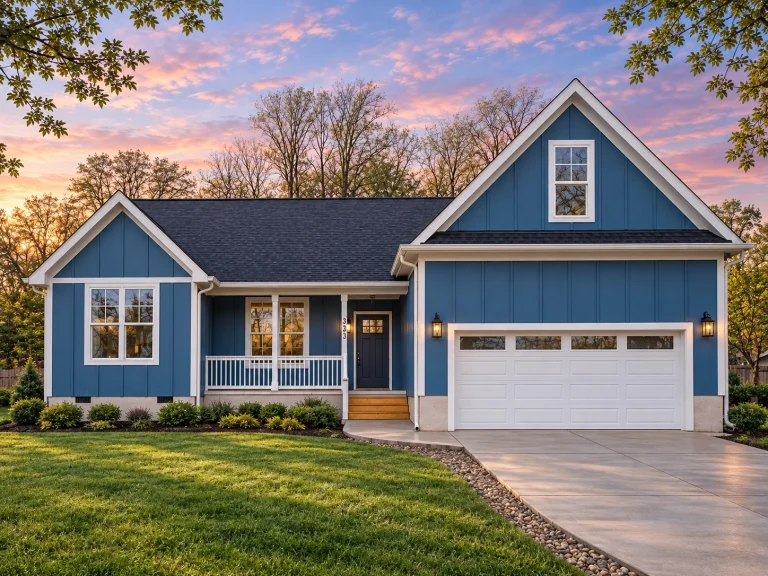 Front view of a Traditional Ranch and Craftsman Cottage style home with blue siding, board and batten accents, and inviting covered porch