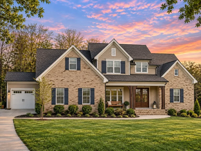 Front elevation of a New American modern traditional two-story home with brick exterior, lap siding accents, gabled rooflines, covered entry porch, and double garage