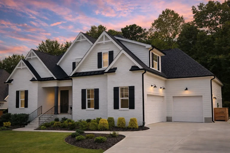 Front elevation of a New American Modern Traditional house featuring painted brick, board and batten accents, symmetrical gables, and a covered front porch