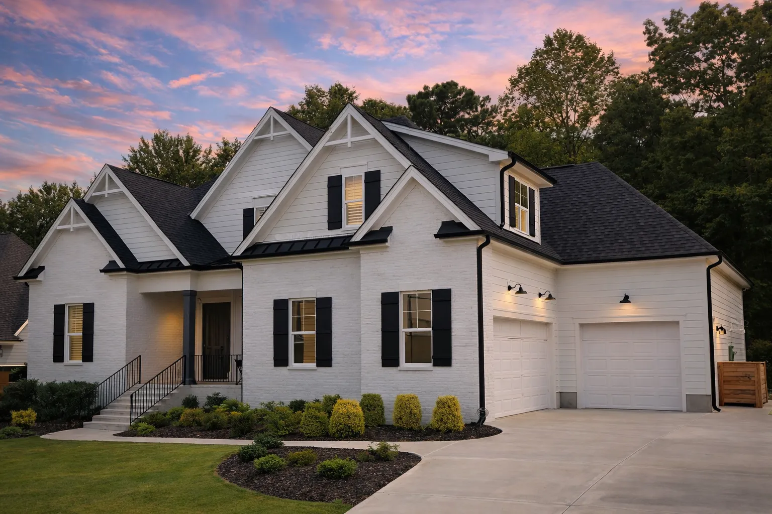 4 Bedroom House Plans 22 Front elevation of a New American Modern Traditional house featuring painted brick, board and batten accents, symmetrical gables, and a covered front porch