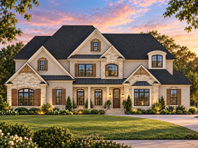 Front elevation of a New American Modern Traditional house featuring stone masonry, horizontal lap siding, symmetrical windows, and classic gabled rooflines
