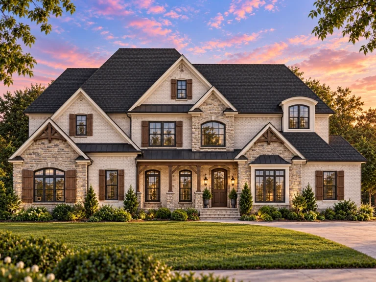 House Plans with Photos 22 Front elevation of a New American Modern Traditional house featuring stone masonry, horizontal lap siding, symmetrical windows, and classic gabled rooflines