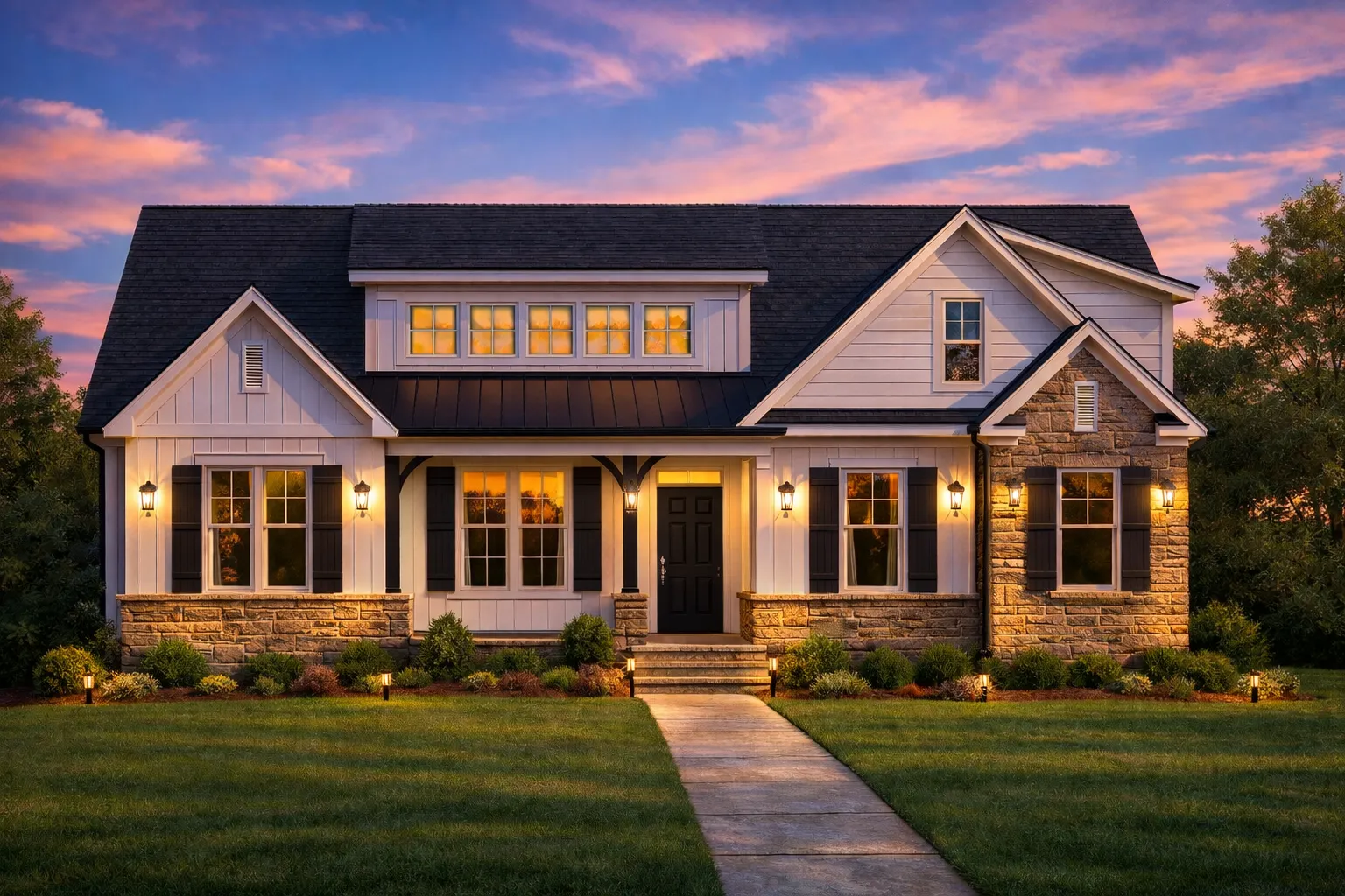 Front view of a Modern Farmhouse style home featuring board and batten siding, stone base accents, dark shutters, and a welcoming covered porch entry