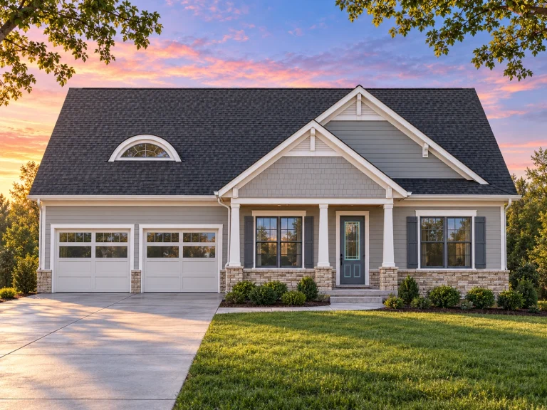 American House Plans 13 Front view of a Traditional Ranch style home featuring Craftsman accents, horizontal lap siding, and stone wainscoting beneath a gabled roofline