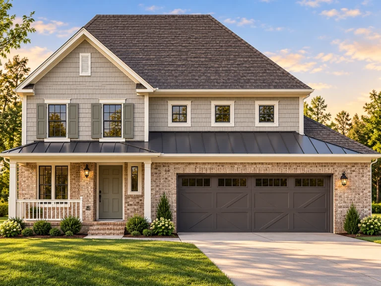 American House Plans 6 Front view of a Modern Farmhouse with a blend of board and batten siding, brick accents, and a covered porch with metal roofing