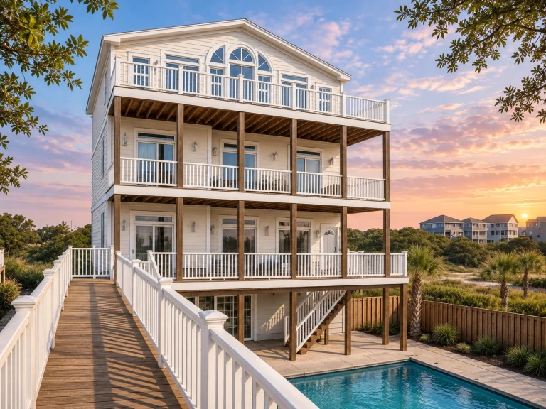 Front elevation of a three-story Coastal Beach House with elevated foundation, wraparound decks, white railings, and seaside architecture