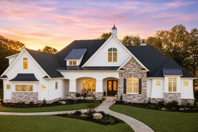 Contemporary House Plans 13 Front elevation of a New American style home with Traditional Craftsman details, stone accents, horizontal siding, and a welcoming covered porch