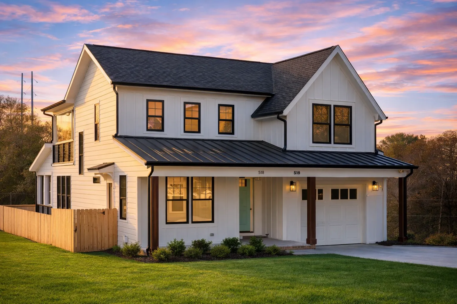 Front view of a modern farmhouse featuring board and batten siding, metal roof, wood porch columns, and a single-car garage