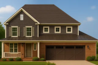 House Plans with Outdoor Kitchen 3 Front view of a Modern Farmhouse with a blend of board and batten siding, brick accents, and a covered porch with metal roofing