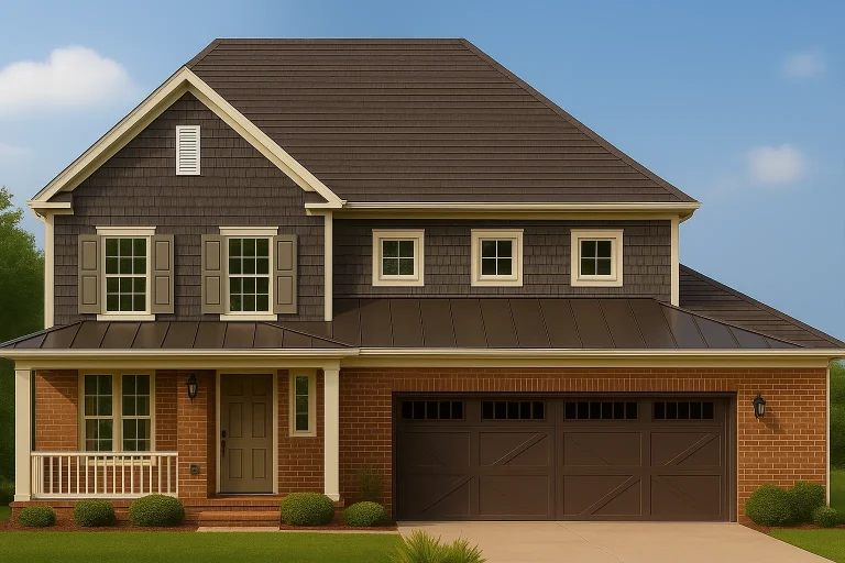 Front view of a Modern Farmhouse with a blend of board and batten siding, brick accents, and a covered porch with metal roofing