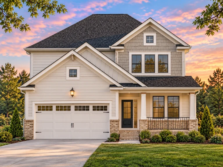 Courtyard House Plans 6 Front elevation of a Traditional Colonial-style two-story home featuring horizontal lap siding, brick foundation accents, and a welcoming covered porch