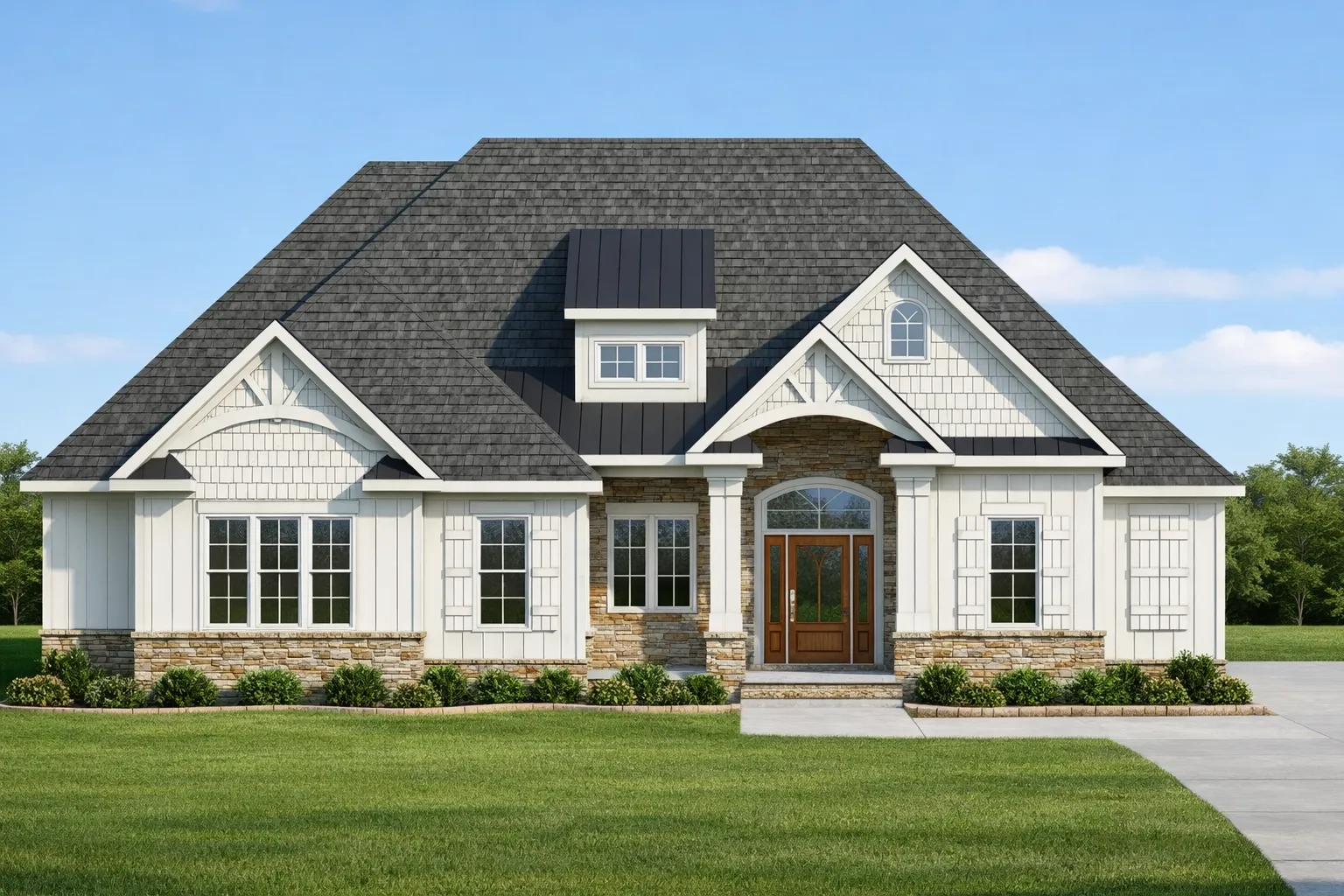 Front elevation of a New American Modern Traditional home featuring board and batten siding, shingle accents, stone base, and a welcoming covered entry