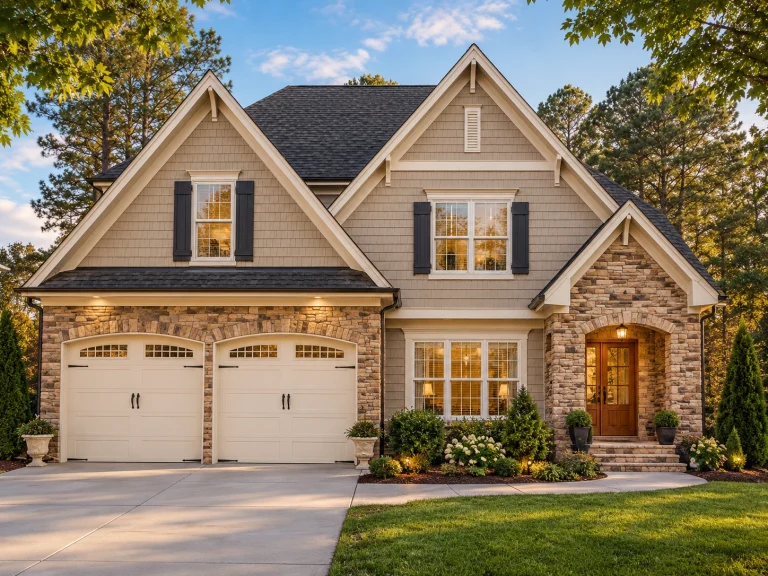 House Plans with Bedrooms on Upper Floor 16 Front exterior of a New American traditional suburban home featuring stone and brick exterior, steep gables, and double garage