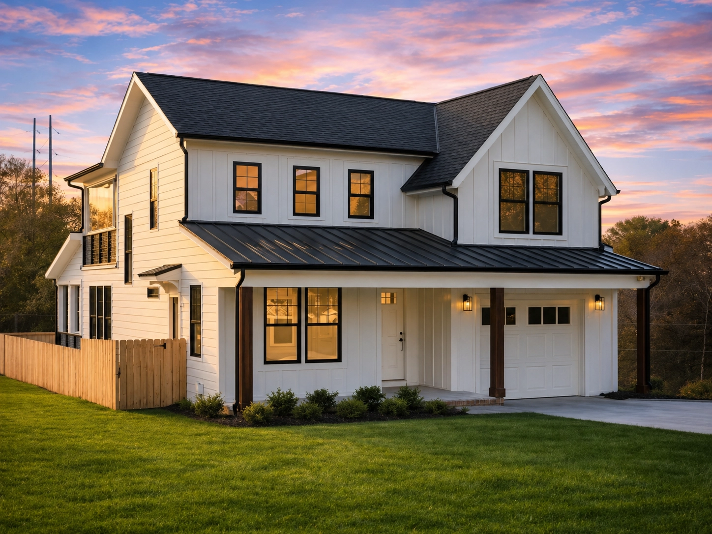 House Plans with Eating Bar 11 Front view of a modern farmhouse featuring board and batten siding, metal roof, wood porch columns, and a single-car garage