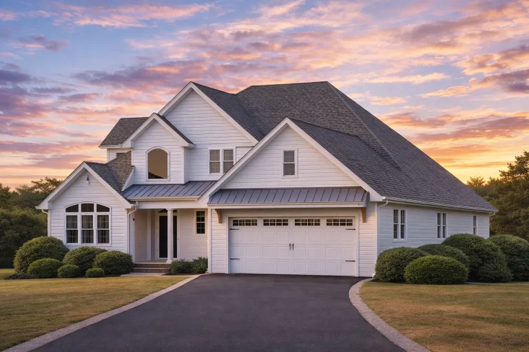Front exterior of a New American Traditional Suburban house featuring horizontal siding, board and batten accents, gabled rooflines, and a covered entry porch