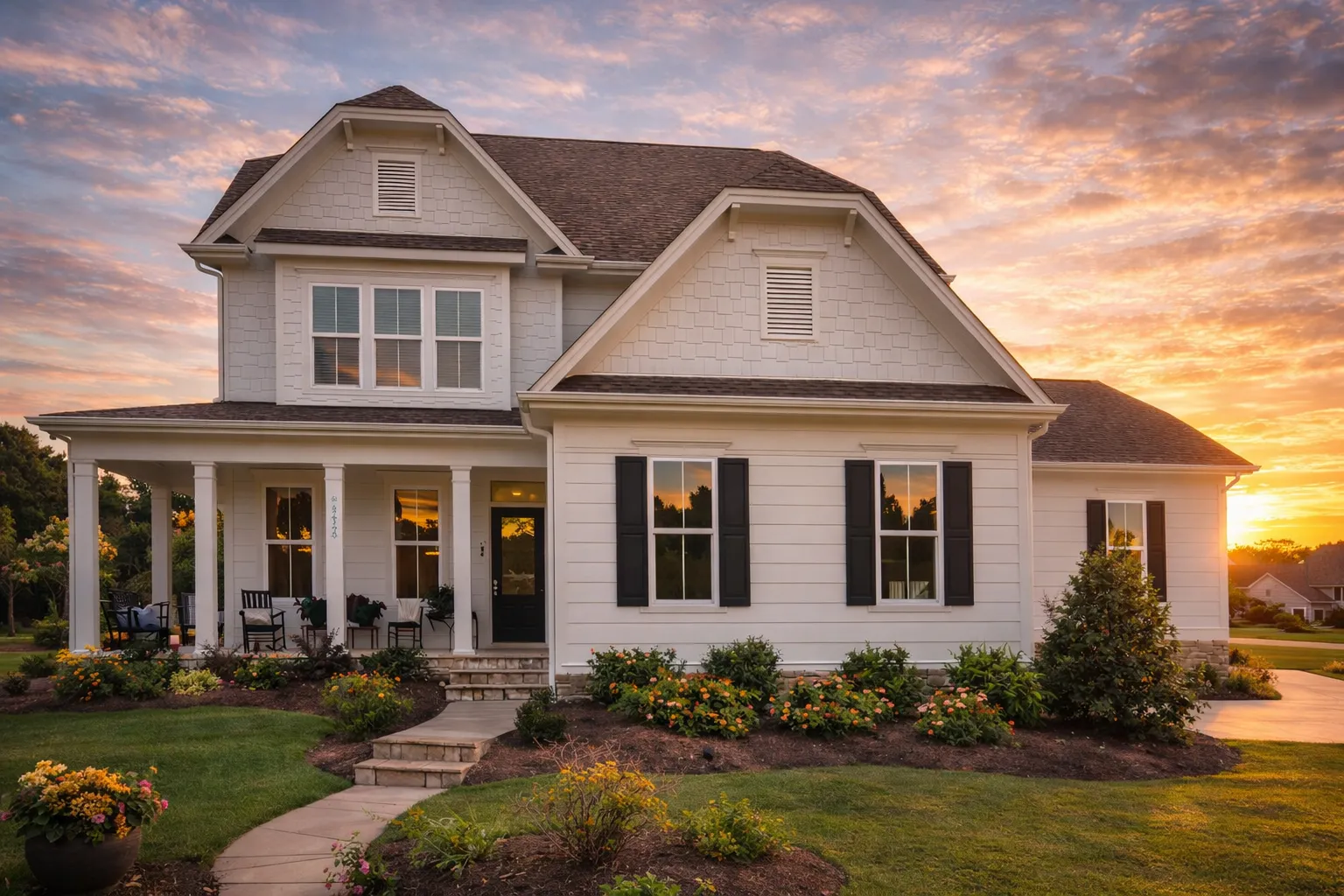 Front elevation of a New American Modern Traditional house featuring stone accents, horizontal siding, black shutters, and a covered front porch
