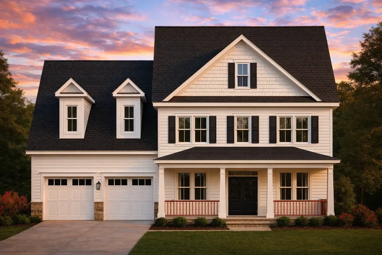 Front elevation of Traditional Colonial style home with white horizontal lap siding, black shutters, gabled roof, and attached two-car garage