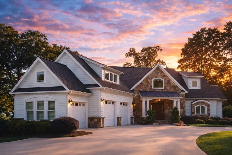 Front elevation of a New American style suburban home with Craftsman influences, mixed siding exterior, gabled rooflines, and side-entry garage