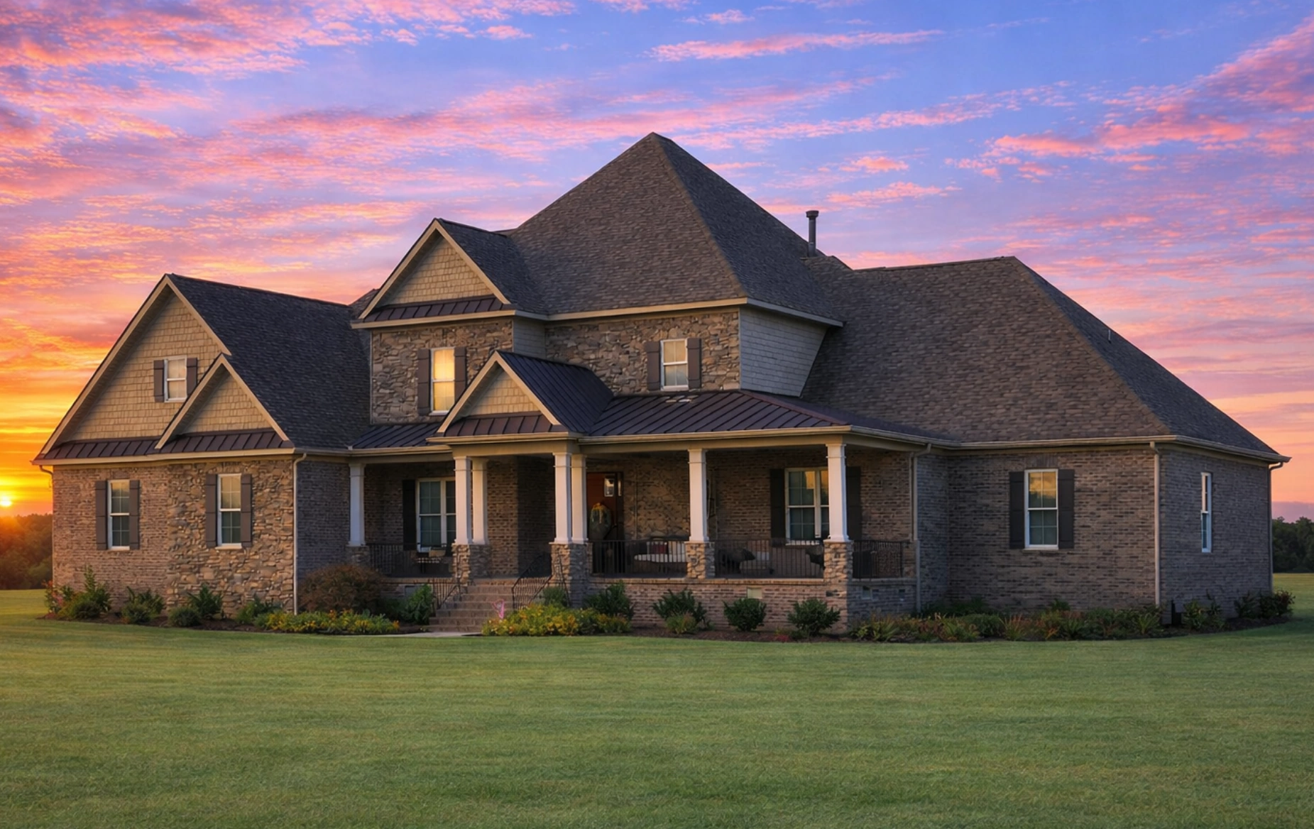 Front elevation of a New American style home with brick exterior, horizontal siding, covered Southern porch, and symmetrical gabled roof design