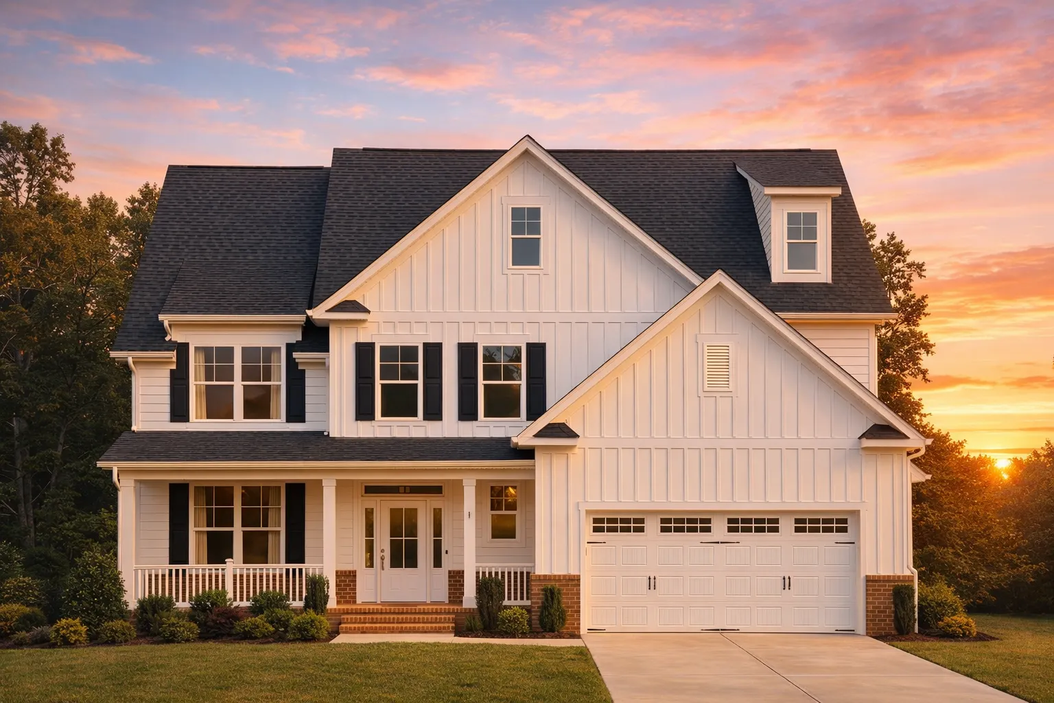 Front elevation of a Modern Farmhouse style home featuring board and batten siding, horizontal lap siding, stone accents, covered porch, and attached garage