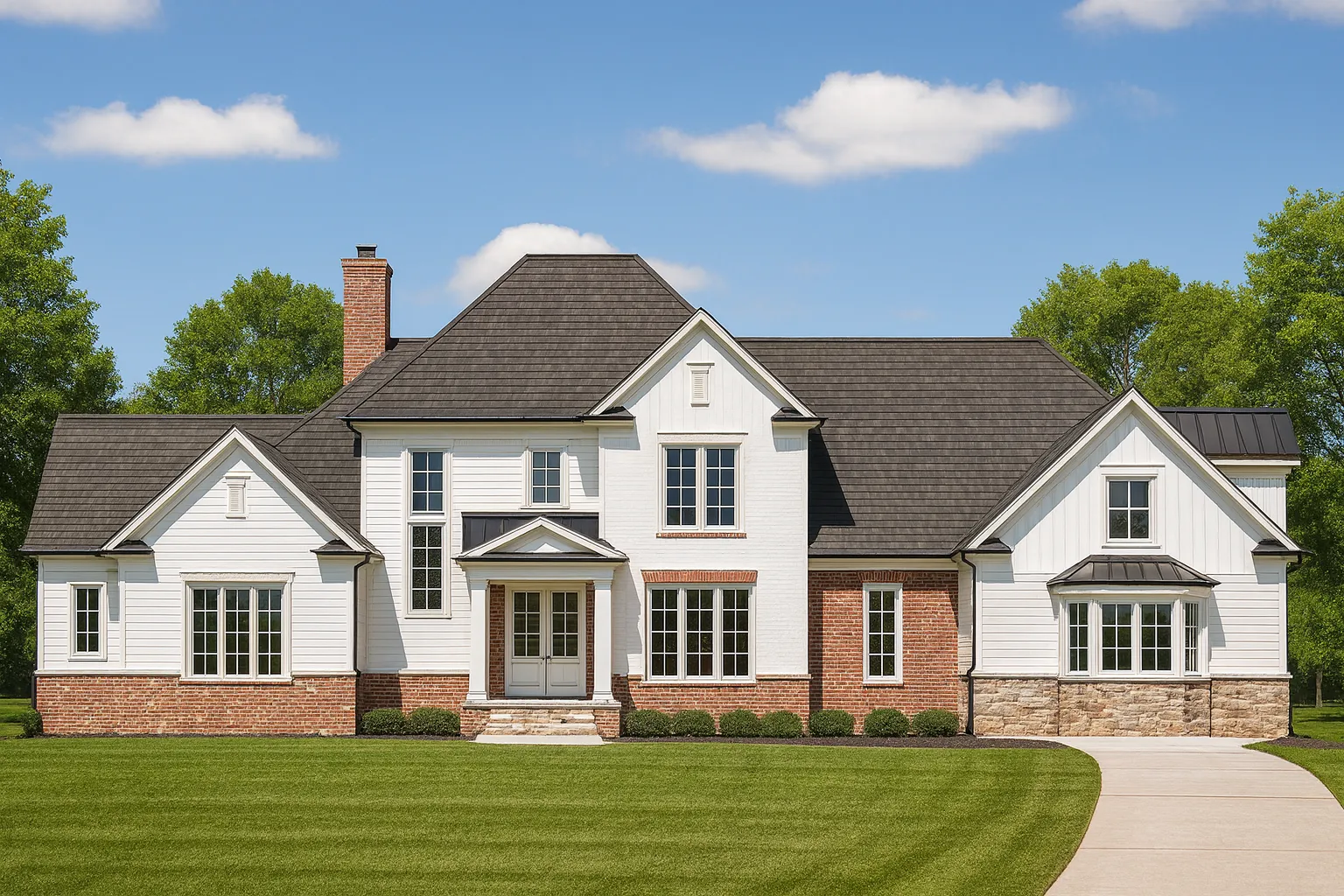 Front elevation of a Modern Farmhouse style home featuring board and batten siding, horizontal lap siding, stone accents, and a symmetrical two-story design