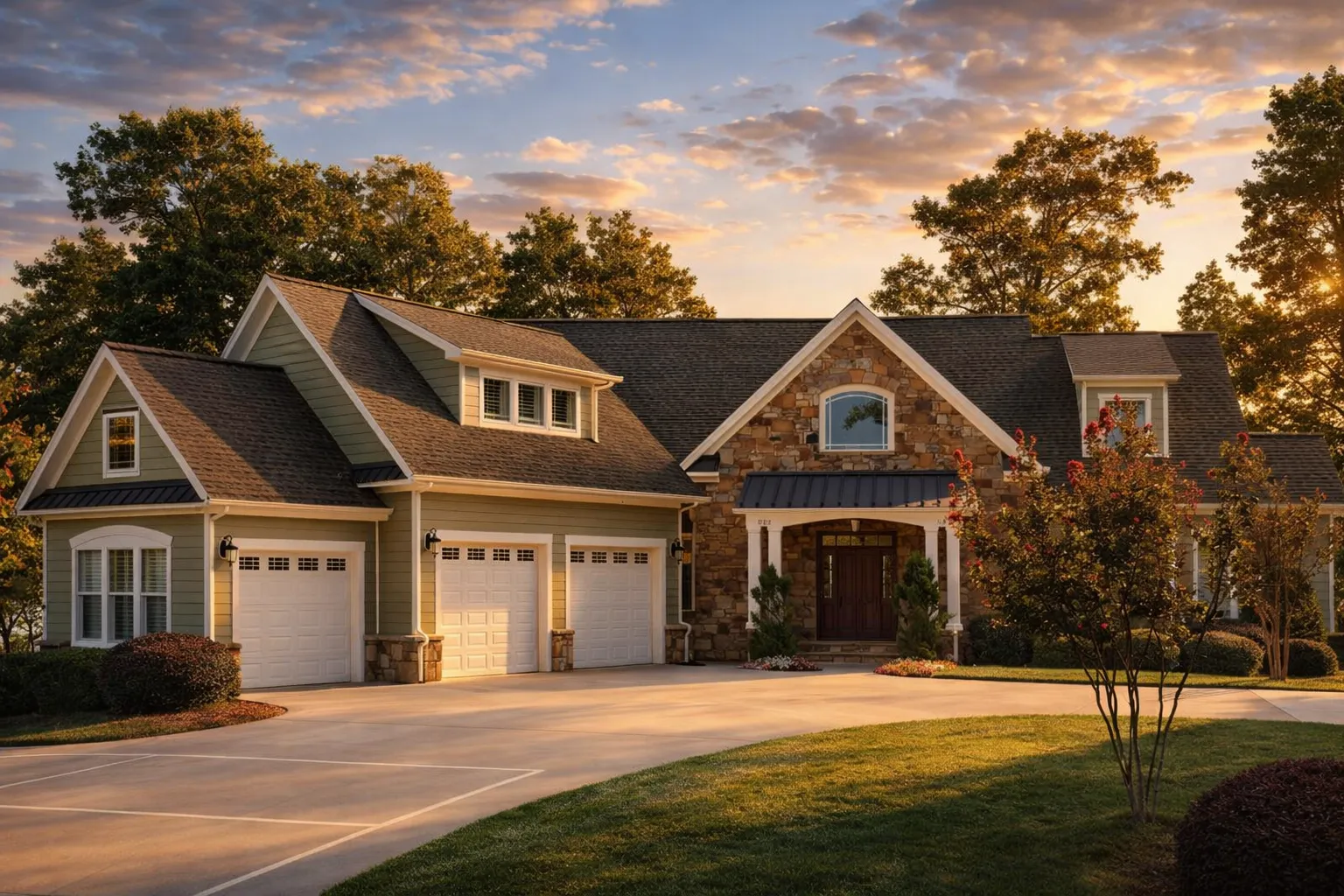 Front elevation of a New American style suburban home with Craftsman influences, mixed siding exterior, gabled rooflines, and side-entry garage