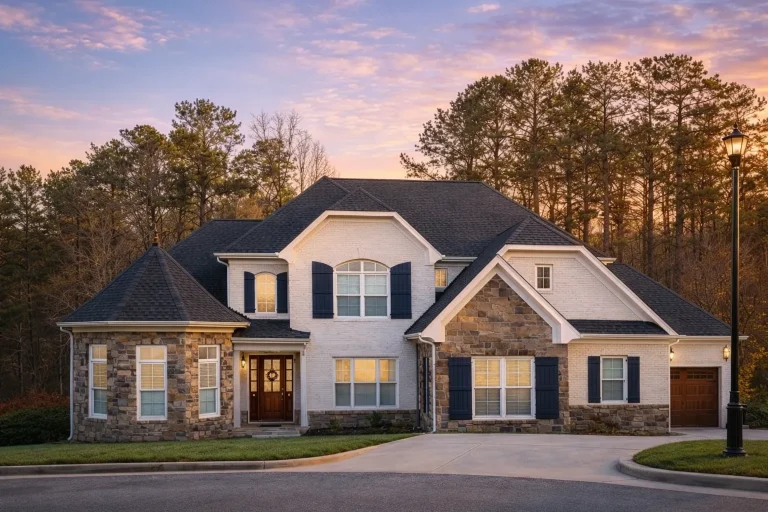 Front elevation of a New American modern traditional two-story home with stone and brick accents, light siding, dark shutters, and layered front gables
