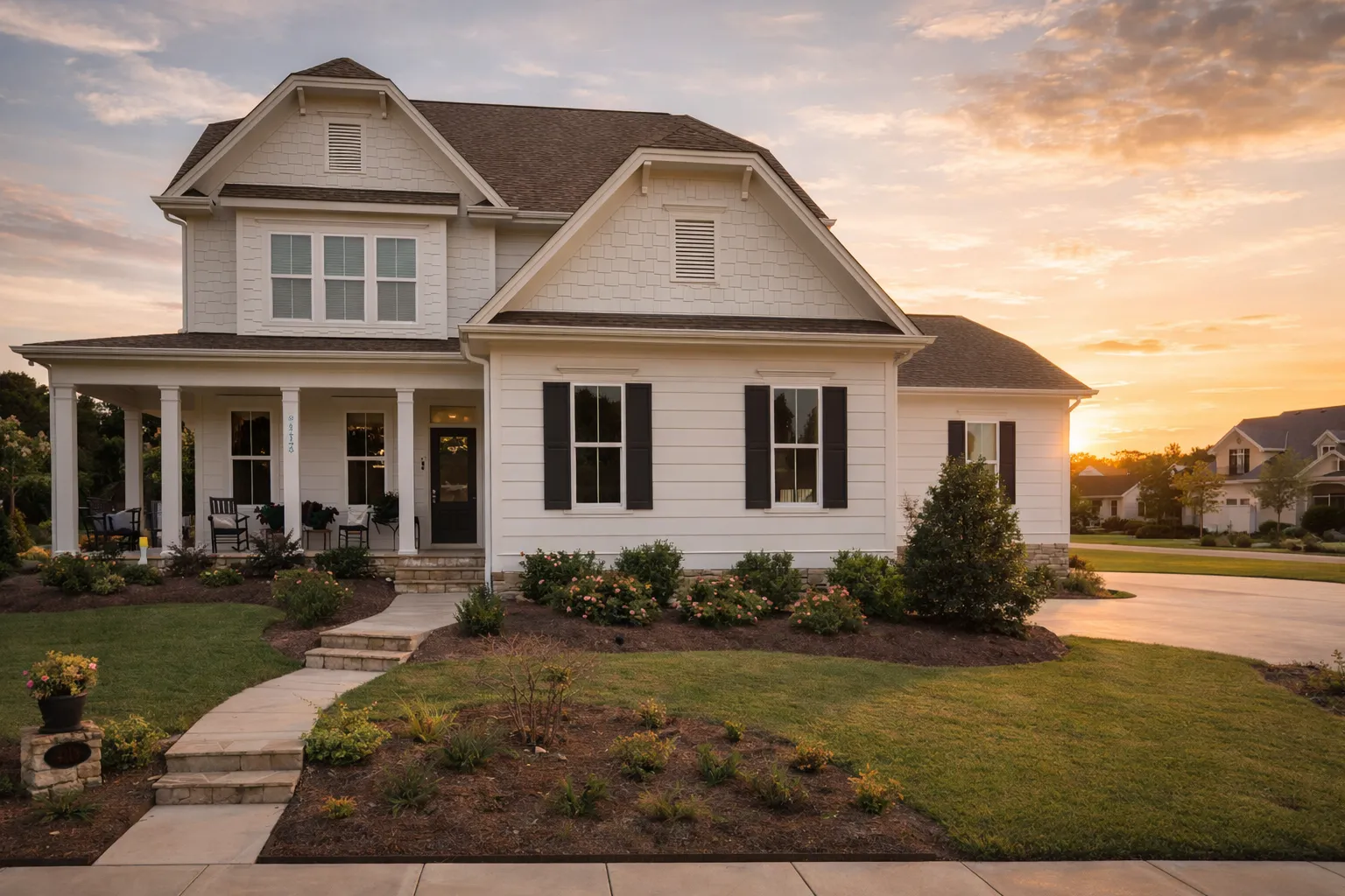 Front elevation of a New American Modern Traditional house featuring stone accents, horizontal siding, black shutters, and a covered front porch