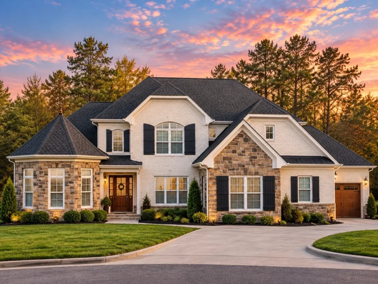 Front elevation of a New American modern traditional two-story home with stone and brick accents, light siding, dark shutters, and layered front gables