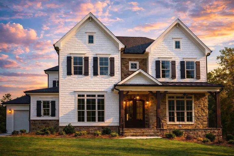 Front elevation of a Modern Farmhouse with white lap siding, stone veneer, black shutters, and covered porch entry