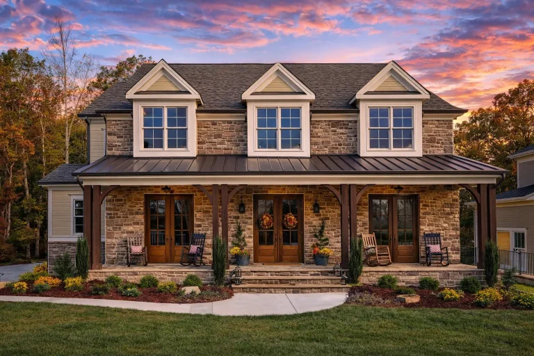 Front exterior of a Southern Farmhouse style home with Colonial symmetry, covered wraparound porch, lap siding, and gabled dormers