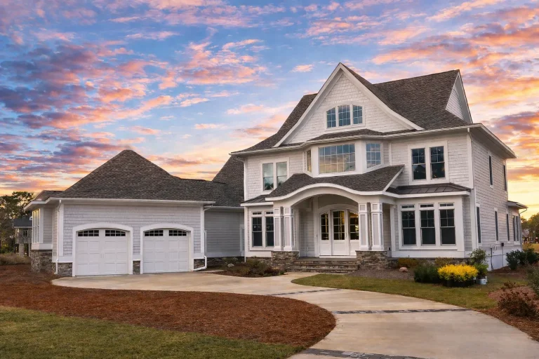 Front elevation of a New American Colonial style home with shingle siding, balanced windows, and covered entry